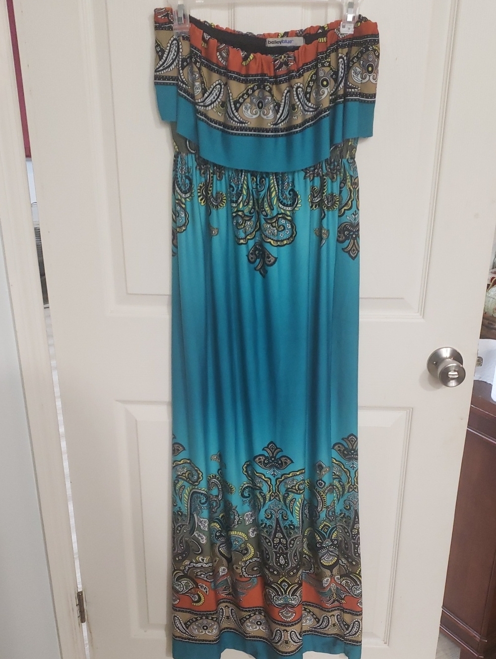 M/L Strapless Turquoise Paisley Maxi Dress with Orange Accents
